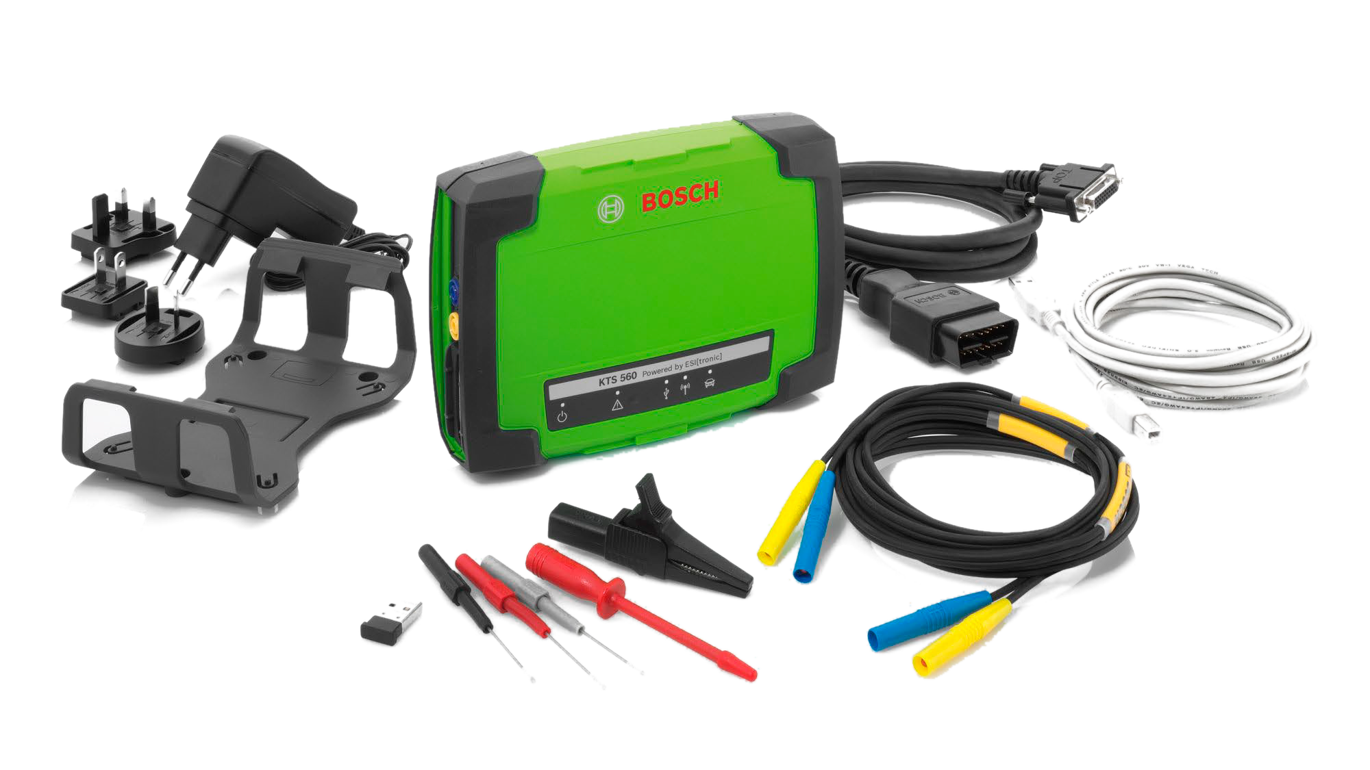 Kit completo do scanner Bosch KTS 560 com cabos, fonte e pontas de prova